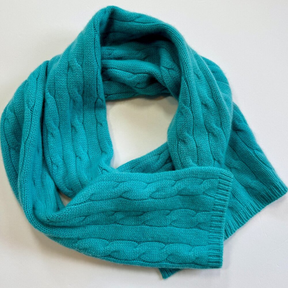 Faconnable Cashmere Scarf – Turquoise Blue Cable Knit 10" x 80"